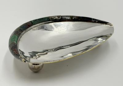  Los Castillo Los Castillo Taxco Silver Plate Tripod Catchall with Lapis Azurite Stone Inlay