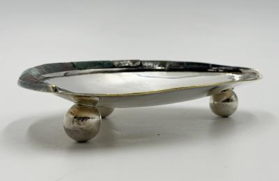  Los Castillo Los Castillo Taxco Silver Plate Tripod Catchall with Lapis Azurite Stone Inlay