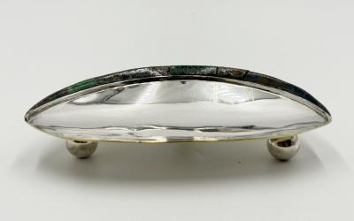  Los Castillo Los Castillo Taxco Silver Plate Tripod Catchall with Lapis Azurite Stone Inlay