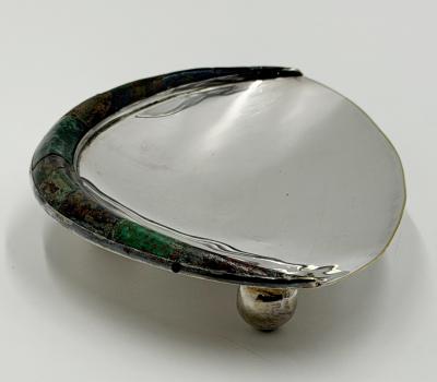  Los Castillo Los Castillo Taxco Silver Plate Tripod Catchall with Lapis Azurite Stone Inlay
