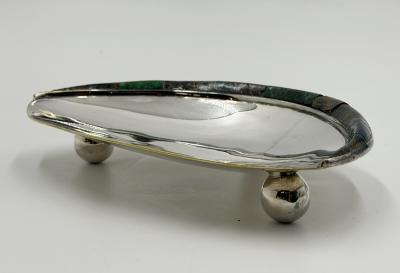  Los Castillo Los Castillo Taxco Silver Plate Tripod Catchall with Lapis Azurite Stone Inlay