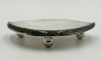  Los Castillo Los Castillo Taxco Silver Plate Tripod Catchall with Lapis Azurite Stone Inlay