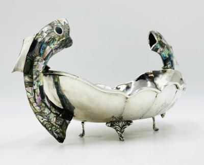  Los Castillo Mexican Silver Plate Center Bowl with Abalone Fish Handles Signed A C T Taxco