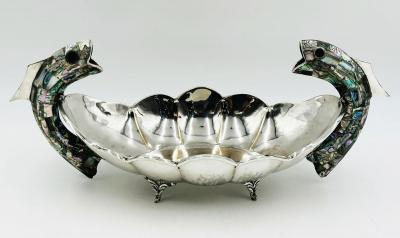  Los Castillo Mexican Silver Plate Center Bowl with Abalone Fish Handles Signed A C T Taxco