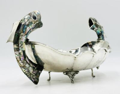  Los Castillo Mexican Silver Plate Center Bowl with Abalone Fish Handles Signed A C T Taxco