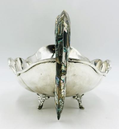  Los Castillo Mexican Silver Plate Center Bowl with Abalone Fish Handles Signed A C T Taxco