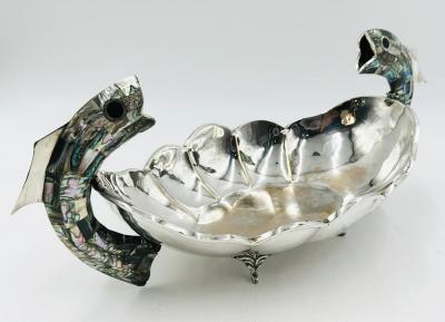  Los Castillo Mexican Silver Plate Center Bowl with Abalone Fish Handles Signed A C T Taxco
