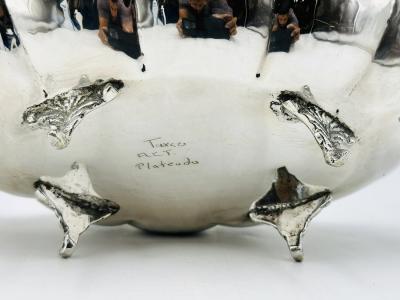  Los Castillo Mexican Silver Plate Center Bowl with Abalone Fish Handles Signed A C T Taxco