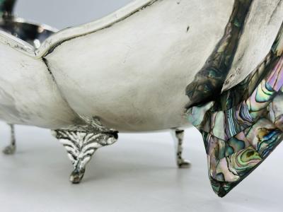  Los Castillo Mexican Silver Plate Center Bowl with Abalone Fish Handles Signed A C T Taxco