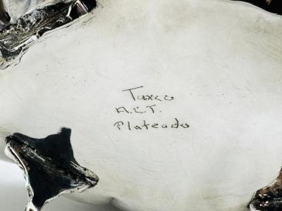  Los Castillo Mexican Silver Plate Center Bowl with Abalone Fish Handles Signed A C T Taxco
