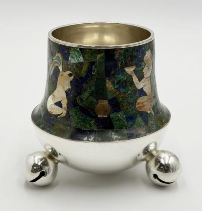  Los Castillo Rare Los Castillo Tripod Vase with Malachite Lapis Azurite Turquoise Inlay