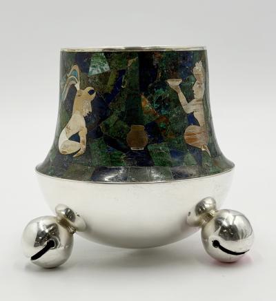  Los Castillo Rare Los Castillo Tripod Vase with Malachite Lapis Azurite Turquoise Inlay