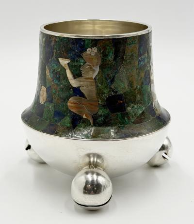  Los Castillo Rare Los Castillo Tripod Vase with Malachite Lapis Azurite Turquoise Inlay