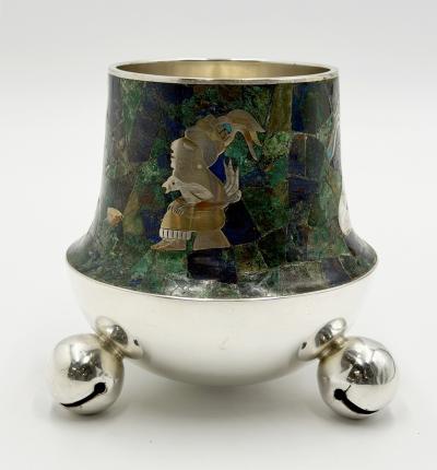  Los Castillo Rare Los Castillo Tripod Vase with Malachite Lapis Azurite Turquoise Inlay