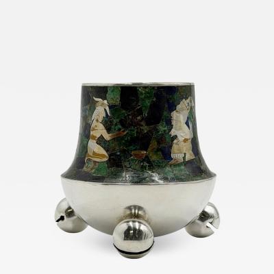  Los Castillo Rare Los Castillo Tripod Vase with Malachite Lapis Azurite Turquoise Inlay