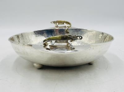  Los Castillo Silver Plated Bowl with Stone Inlaid Lizard Handles by Wolmar Castillo