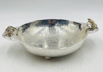  Los Castillo Silver Plated Bowl with Stone Inlaid Lizard Handles by Wolmar Castillo