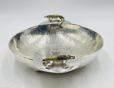  Los Castillo Silver Plated Bowl with Stone Inlaid Lizard Handles by Wolmar Castillo
