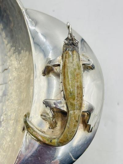  Los Castillo Silver Plated Bowl with Stone Inlaid Lizard Handles by Wolmar Castillo