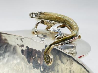  Los Castillo Silver Plated Bowl with Stone Inlaid Lizard Handles by Wolmar Castillo