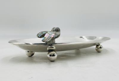  Los Castillo Vintage Footed Tray with Abalone Bird by Los Castillo Mexican Modernism