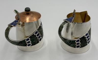  Los Castillo Wolmar Castillo Peacock Creamer Sugar Pot Ladle W Malachite Lapis Inlay