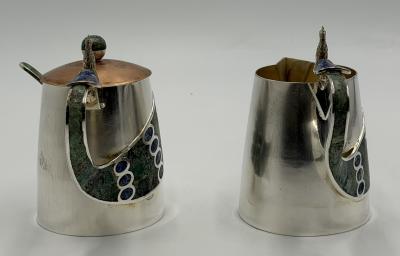  Los Castillo Wolmar Castillo Peacock Creamer Sugar Pot Ladle W Malachite Lapis Inlay