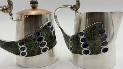  Los Castillo Wolmar Castillo Peacock Creamer Sugar Pot Ladle W Malachite Lapis Inlay