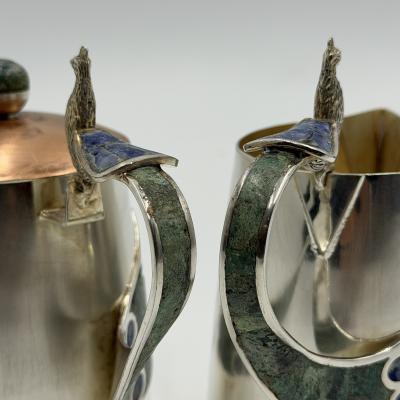  Los Castillo Wolmar Castillo Peacock Creamer Sugar Pot Ladle W Malachite Lapis Inlay