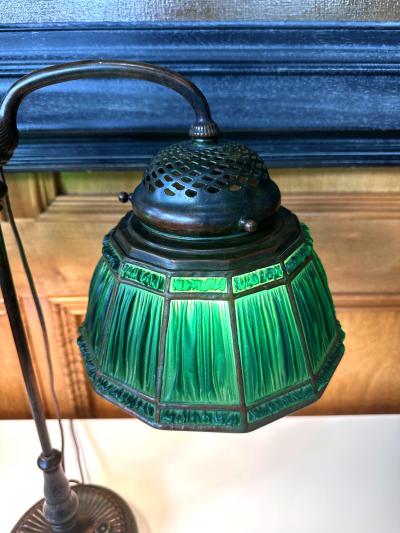 Louis C Tiffany Furnaces Inc Rare Green Linenfold Double Student Table Lamp Tiffany Studio