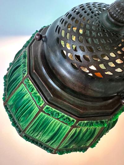 Louis C Tiffany Furnaces Inc Rare Green Linenfold Double Student Table Lamp Tiffany Studio