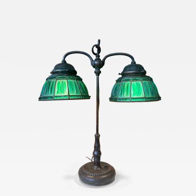  Louis C Tiffany Furnaces Inc Rare Green Linenfold Double Student Table Lamp Tiffany Studio