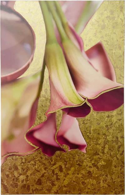  Luciana Pampalone Mixed Media on Canvas with 23K Gold Leaf Titled Pink Calla Signed Dated