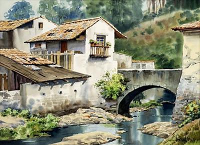  Luis Ricardo Amendolla Luis Amendolla Mexican 1939 2000 Watercolor Village Landscape Signed