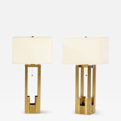  Lumica Pair of Geometric Brass and Chrome Table Lamps by Willy Rizzo for Lumica