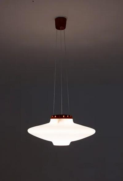  Luxus Swedish Midcentury Pendant in Oak and Opaline Glass by Luxus