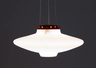  Luxus Swedish Midcentury Pendant in Oak and Opaline Glass by Luxus