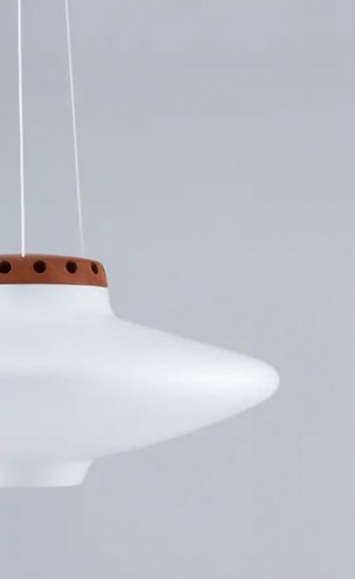  Luxus Swedish Midcentury Pendant in Oak and Opaline Glass by Luxus