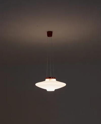  Luxus Swedish Midcentury Pendant in Oak and Opaline Glass by Luxus