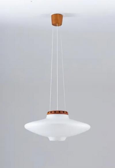  Luxus Swedish Midcentury Pendant in Oak and Opaline Glass by Luxus