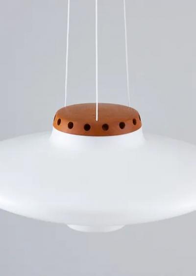  Luxus Swedish Midcentury Pendant in Oak and Opaline Glass by Luxus