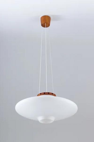  Luxus Swedish Midcentury Pendant in Oak and Opaline Glass by Luxus