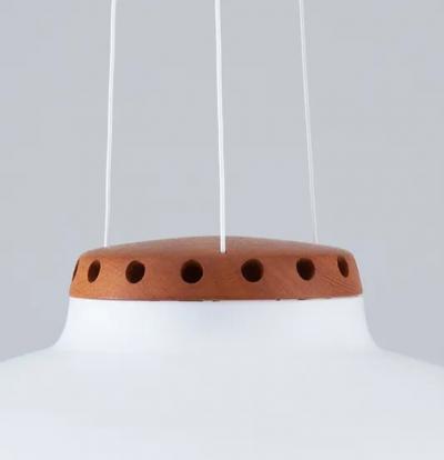  Luxus Swedish Midcentury Pendant in Oak and Opaline Glass by Luxus