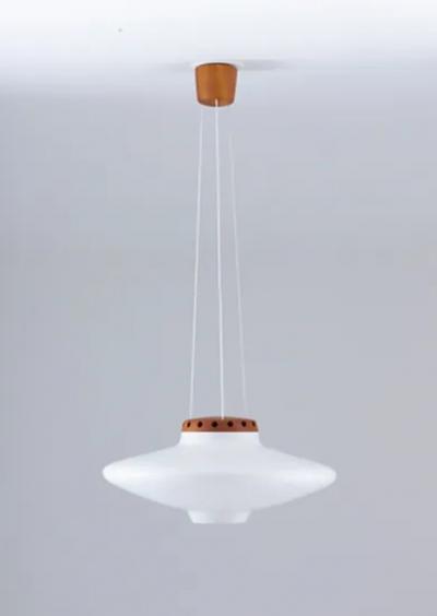  Luxus Swedish Midcentury Pendant in Oak and Opaline Glass by Luxus