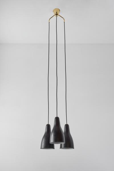  Lyfa 1950s Bent Karlby 3 Shade Chandelier in Black Painted Metal Brass for Lyfa