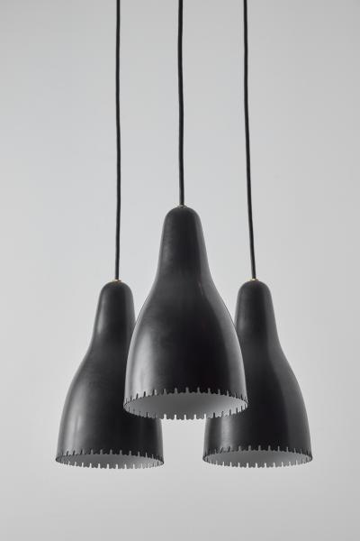  Lyfa 1950s Bent Karlby 3 Shade Chandelier in Black Painted Metal Brass for Lyfa