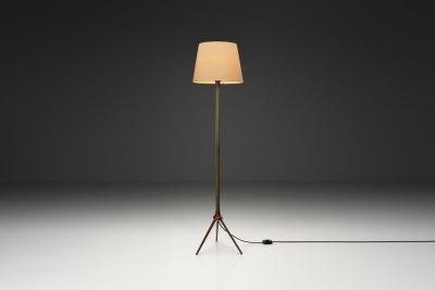  Lyfa Brass and Wood Floor Lamp with Tripod Base by Lyfa Denmark ca 1960s