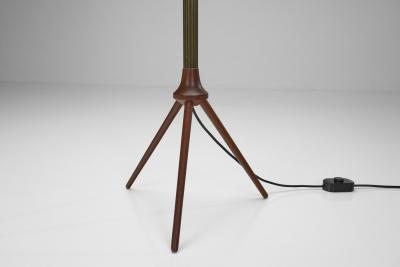  Lyfa Brass and Wood Floor Lamp with Tripod Base by Lyfa Denmark ca 1960s