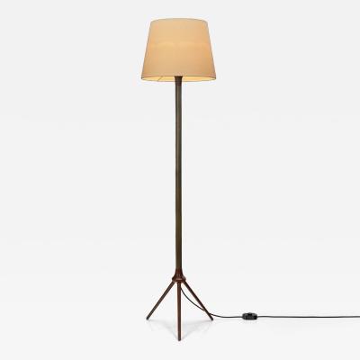  Lyfa Brass and Wood Floor Lamp with Tripod Base by Lyfa Denmark ca 1960s