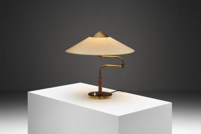  Lyfa Brass and Wood Table Lamp with Rotating Arm for Lyfa Denmark 1950s